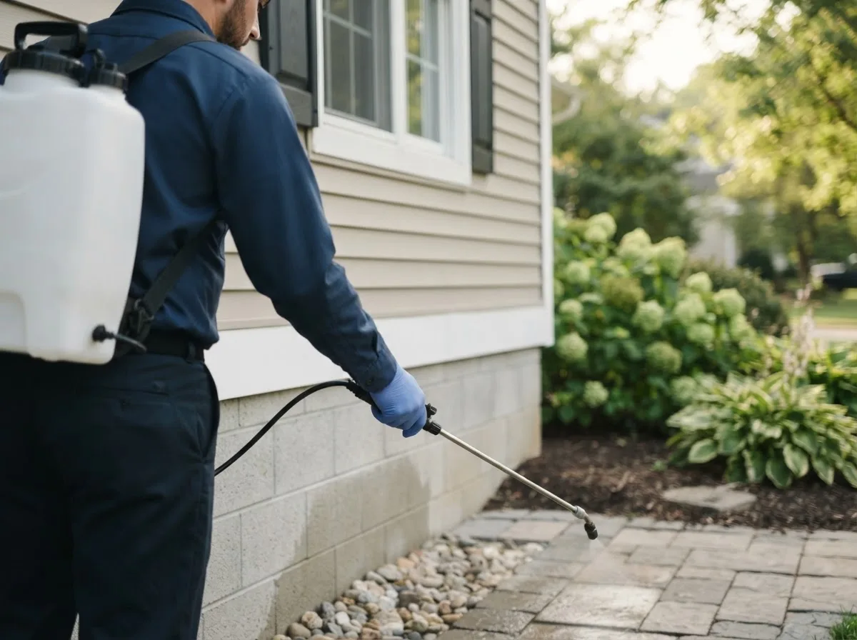 Pest control technician inspecting a home in Chassell, MI